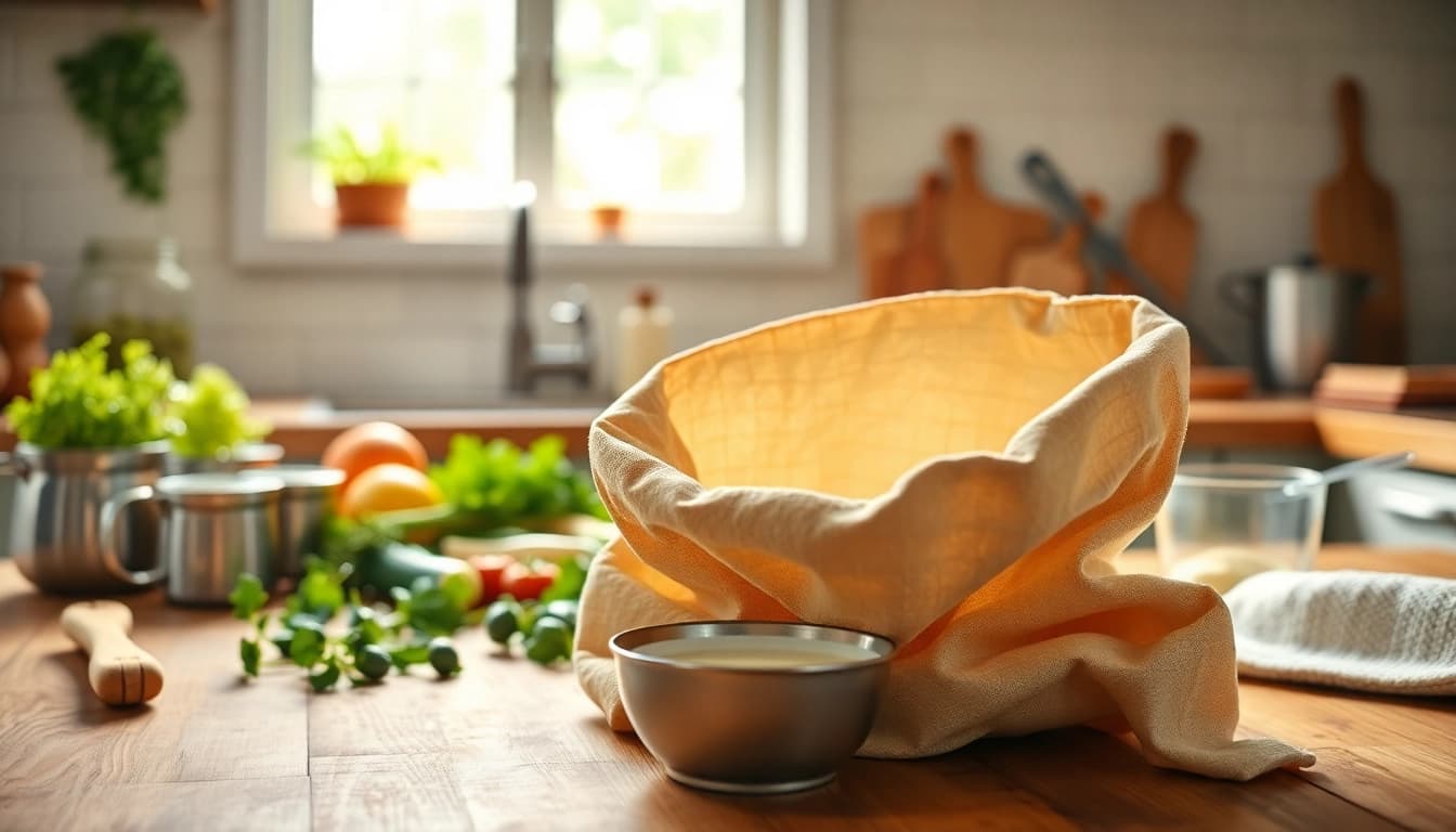 Kaasdoek in een stijlvolle keuken setting met verse ingrediënten en straining actie.
