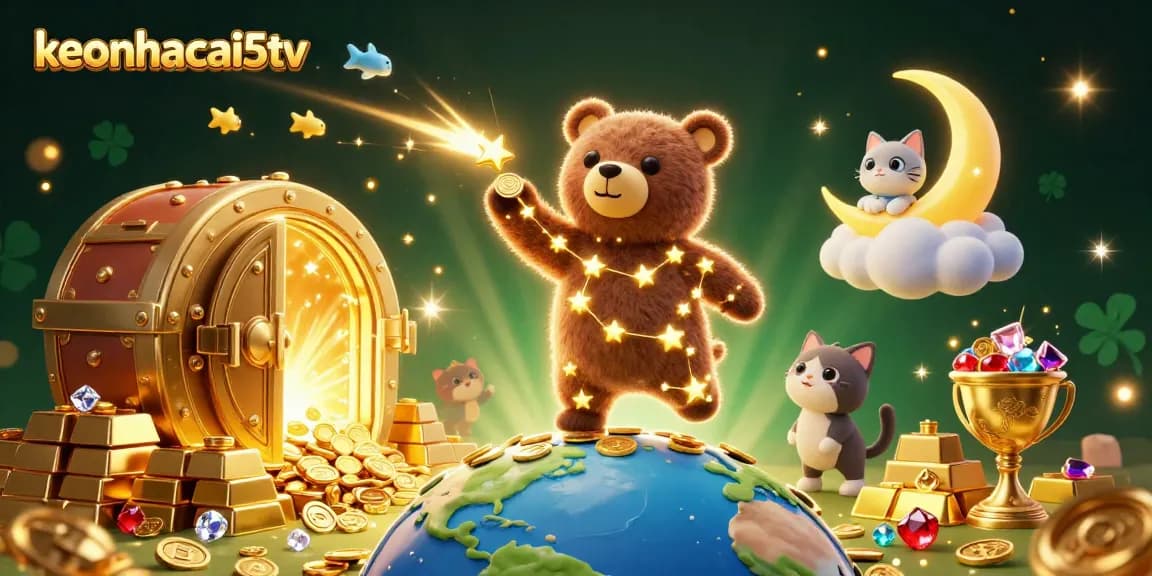 Experience the thrill of keonhacai5tv with an enchanting scene featuring a constellation bear and sparkling treasures.