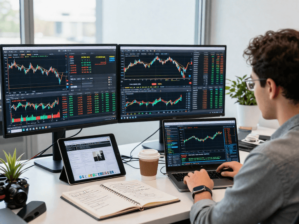 使用MetaTrader 5的交易者在现代办公室分析市场数据，积极的交易氛围