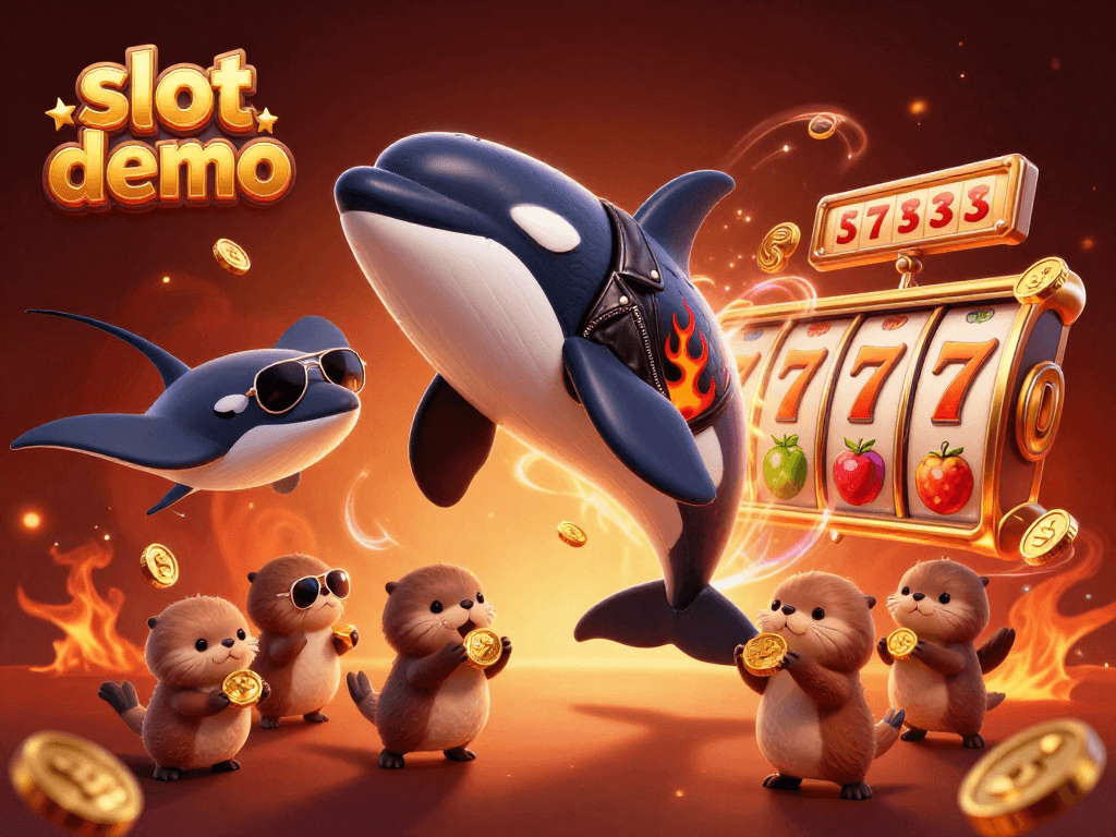 Slot demo yang menampilkan orca, ikan pari, dan berang-berang laut menangkap koin emas di sekitar mesin slot.