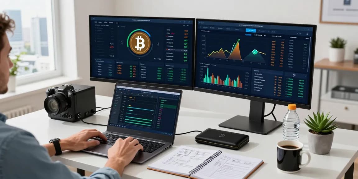bitcoin mining investment workspace with monitors, crypto charts, and a hardware wallet in a modern home office setting