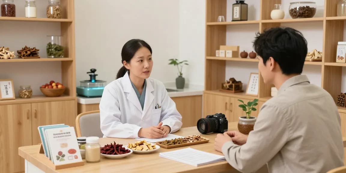 Consultation at 수원한의원 with herbalist and patient in serene clinic setting