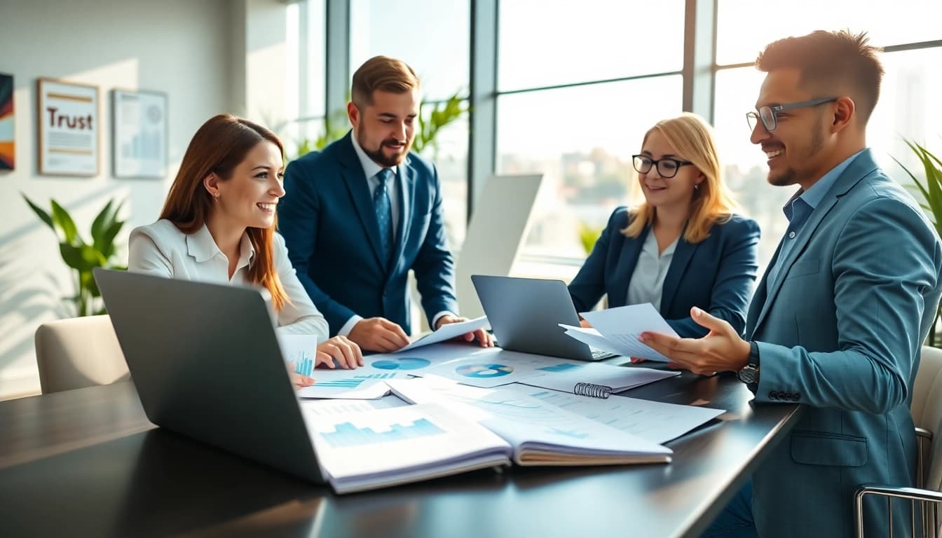Team of Quickplus Business Consultants working together in a modern office environment.