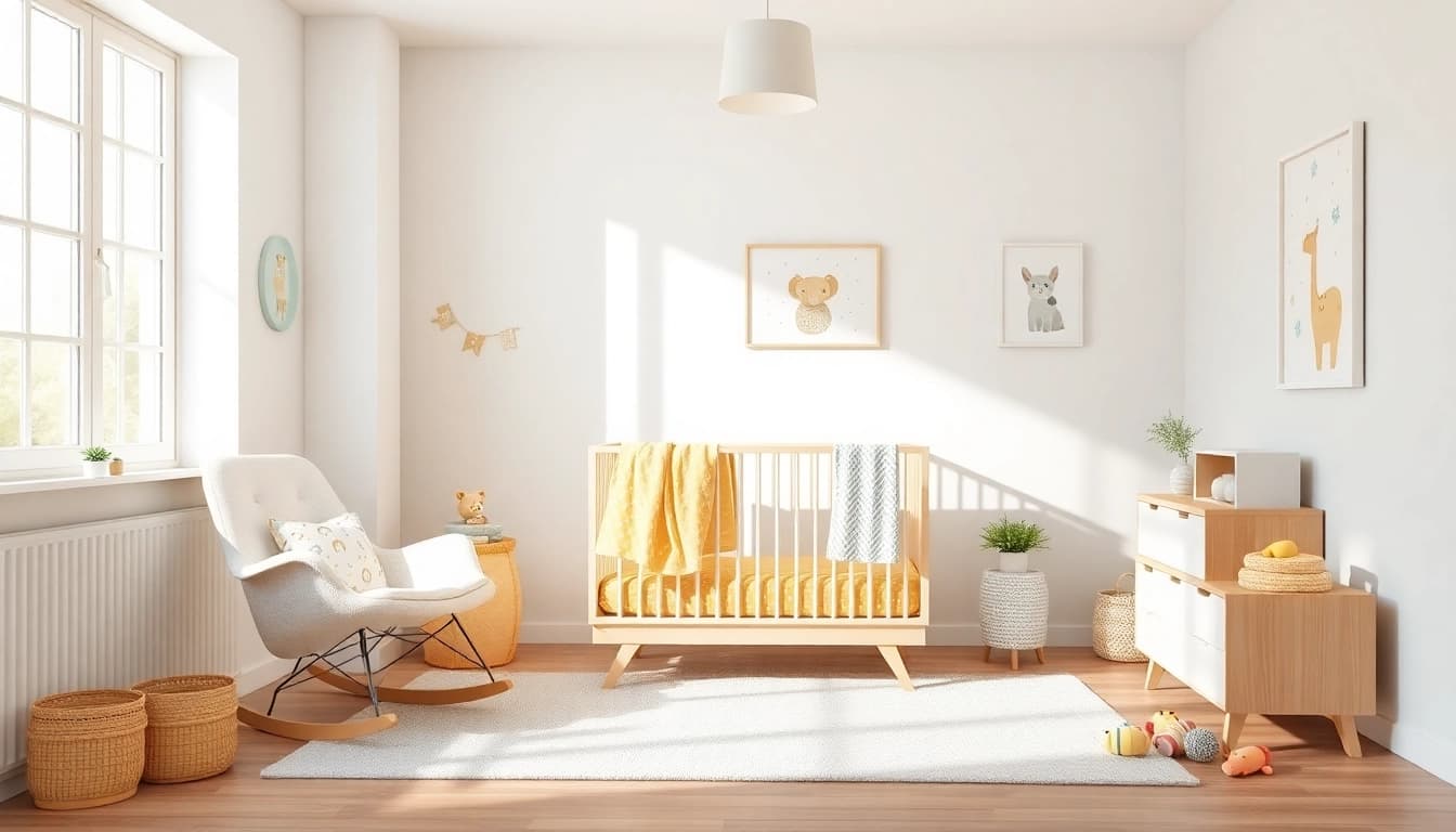 MMOO brand's modern baby nursery with pastel colors, soft lighting, and playful decor.