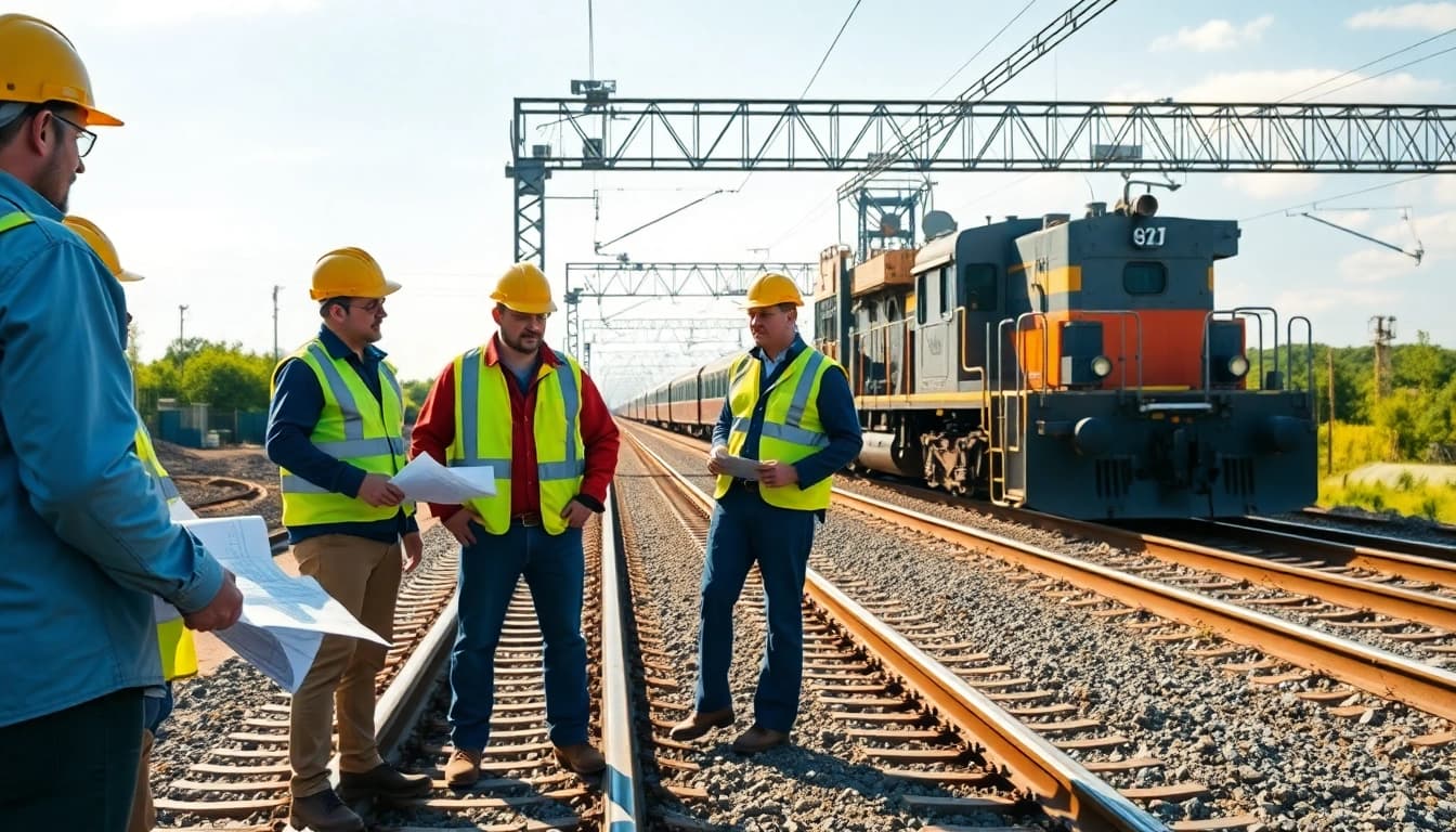 Collaborative scene of Railroad Contractors USA working on a railway project with an active train in the background.