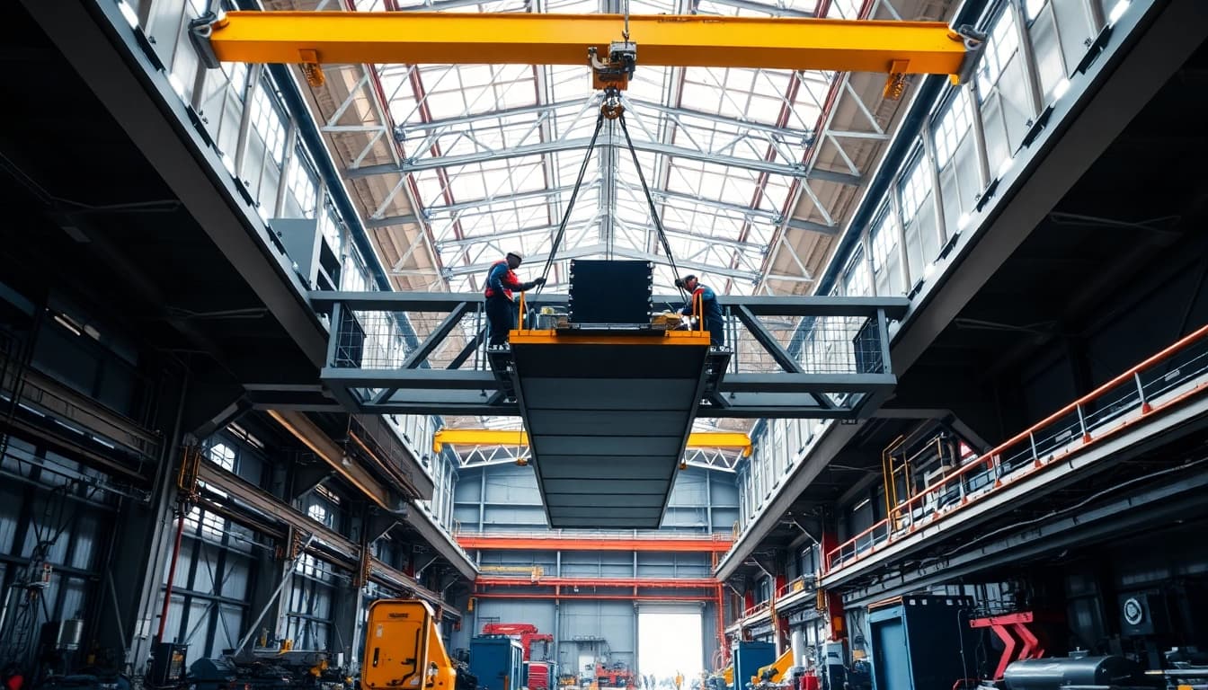 Double girder bridge crane lifting heavy loads in an industrial setting