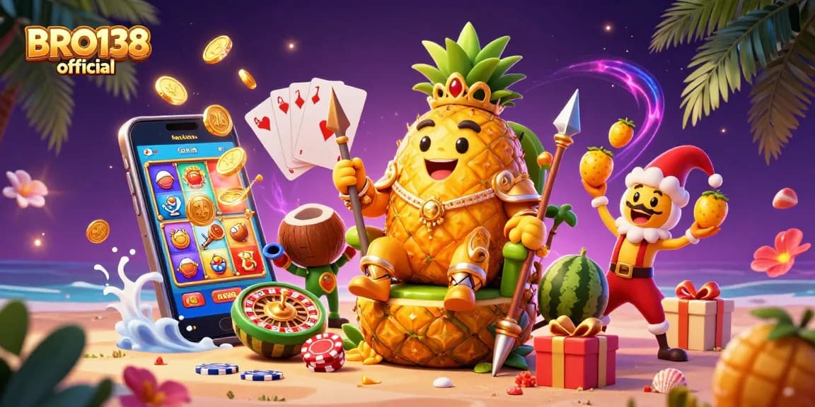 Experience the excitement of BRO138 official with vibrant slot games and enchanting characters in a dynamic casino scene.
