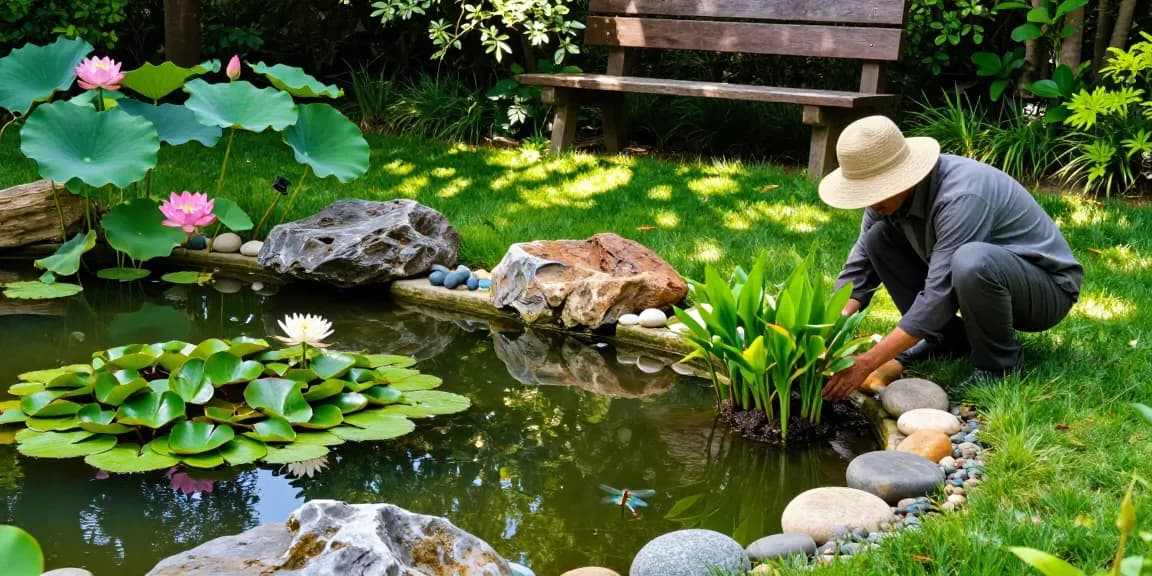 Pond Plants flourishing in a tranquil backyard pond garden scene during planting.