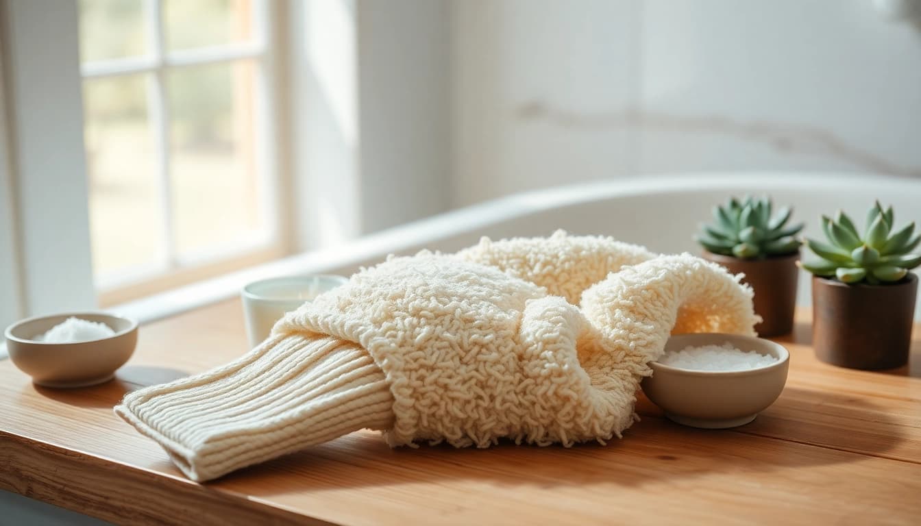 Exfoliating with a hand loofah glove on a natural wooden bath surface.