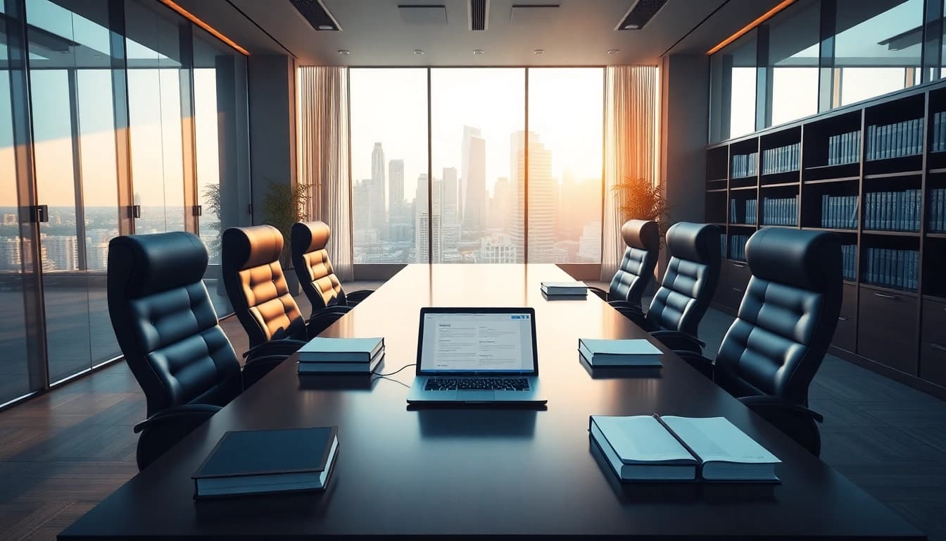 A modern legal office setting featuring a conference table and materials relevant to 798 f case law.