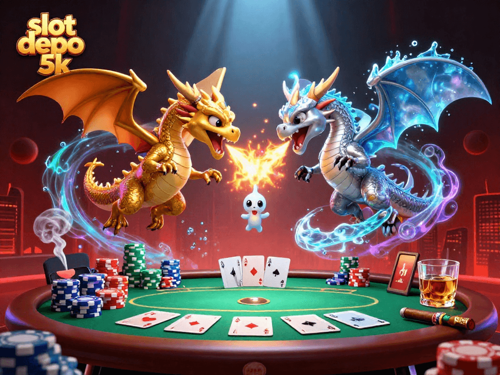Experience thrilling gameplay with slot depo 5k, featuring gold and silver dragons in a vibrant casino scene.