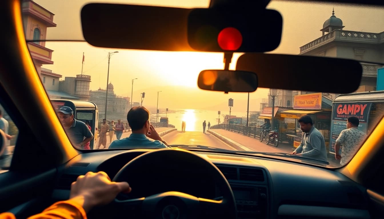 Haridwar Taxi Service showcasing a vibrant taxi ride along the scenic Ganga River.