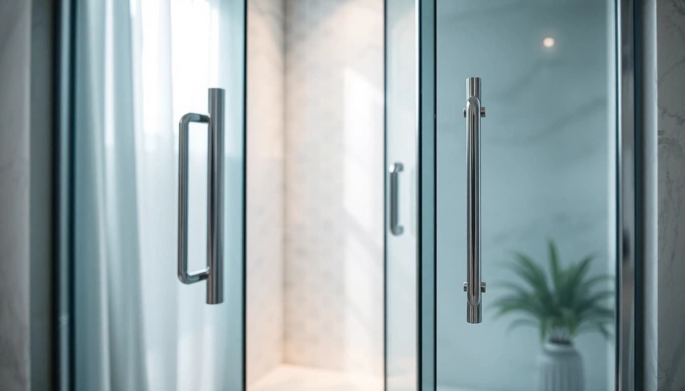 Showcasing sliding shower doors in a modern bathroom, featuring elegant design and natural light.