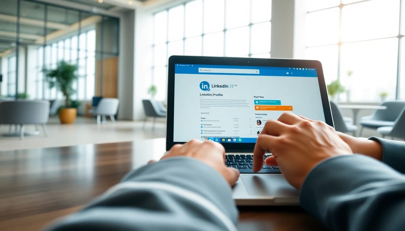 Extract emails from linkedin profiles while using a laptop in a bright office setting.