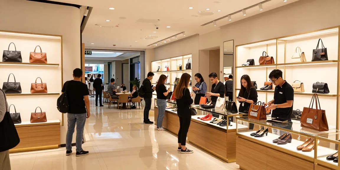 Shopping at a stylish 레플리카 쇼핑몰 featuring high-quality replica fashion items with diverse customers engaging.