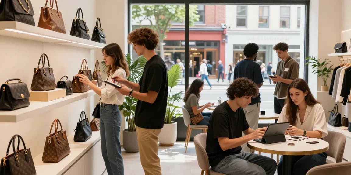 Stylish urban shopping scene at a 레플리카 사이트, featuring young adults browsing high-quality replica items with a trendy atmosphere.