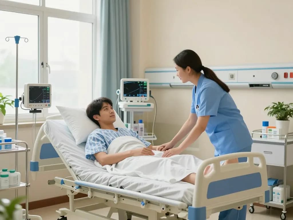 Comfortable giường bệnh nhân in a hospital room with medical equipment and a caring nurse enhancing patient care.