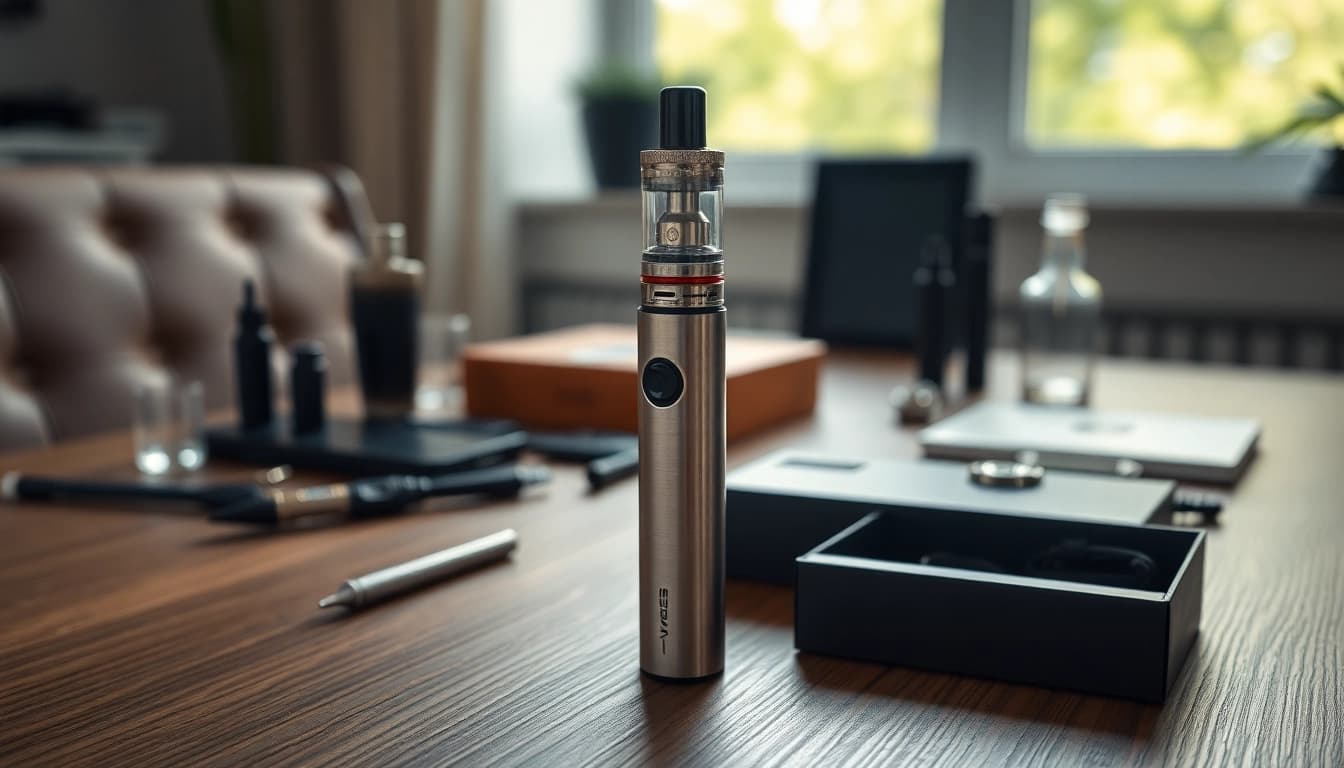Showcase a Vape Pen with stylish design and accessories on a wooden table.