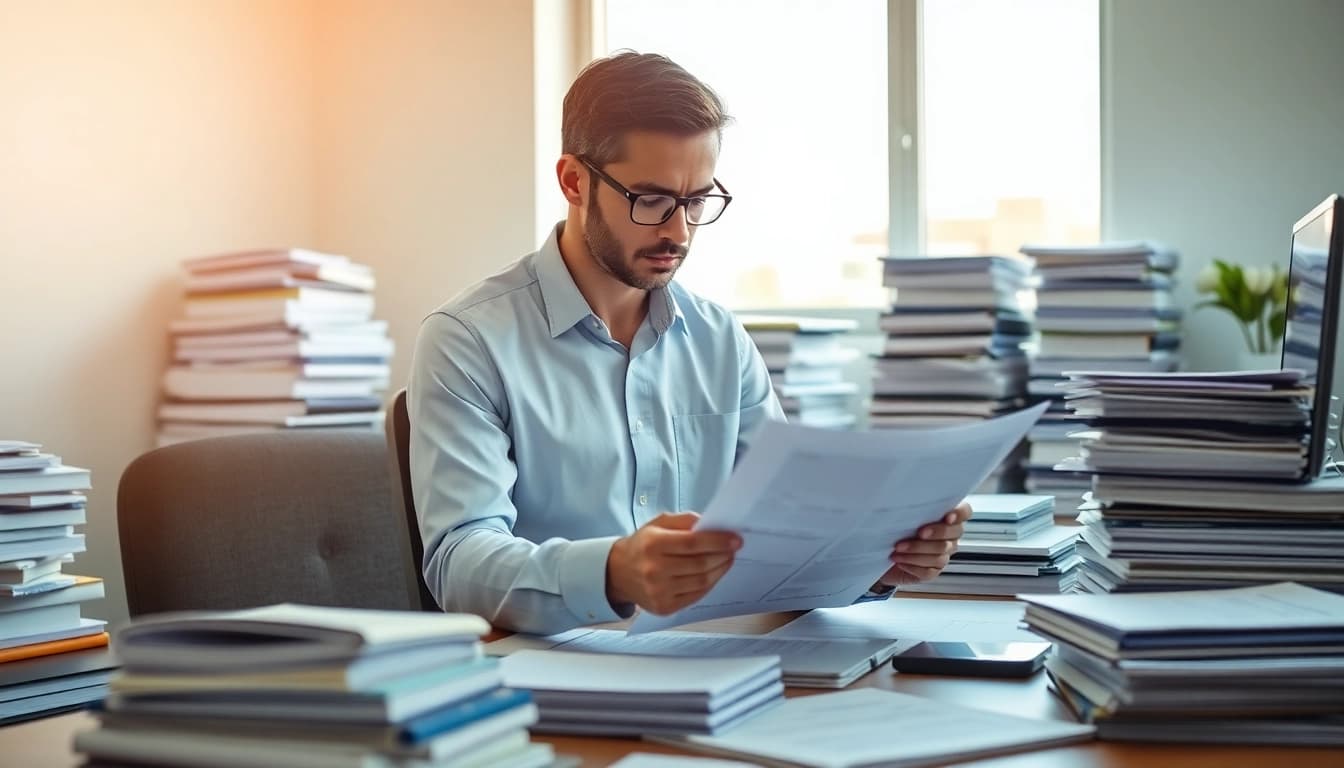 Consultant evaluating FCPA/DCAA/Flowdown/ITAR/EAR compliance documents in a professional office.