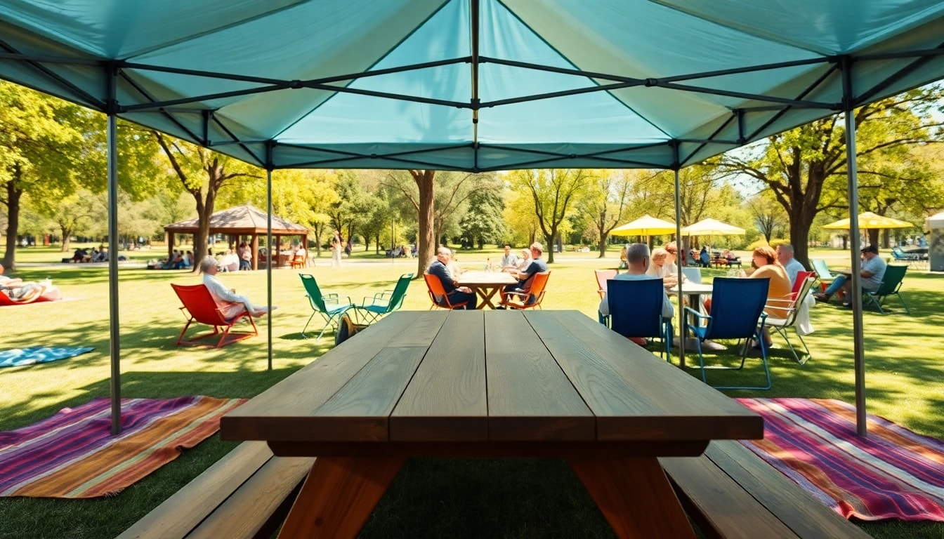 Guests enjoying shade under a pop up canopy at an outdoor event, providing comfort and protection.