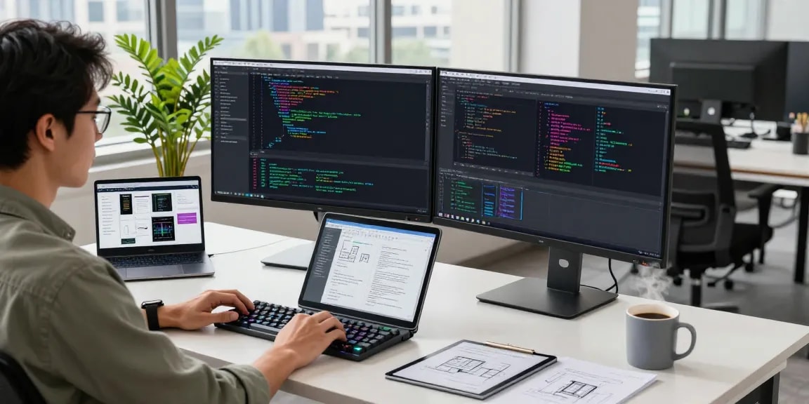 Dynamic tech workspace showcasing openclaw skill development with code on screens, stylish desk setup, and inviting office atmosphere.