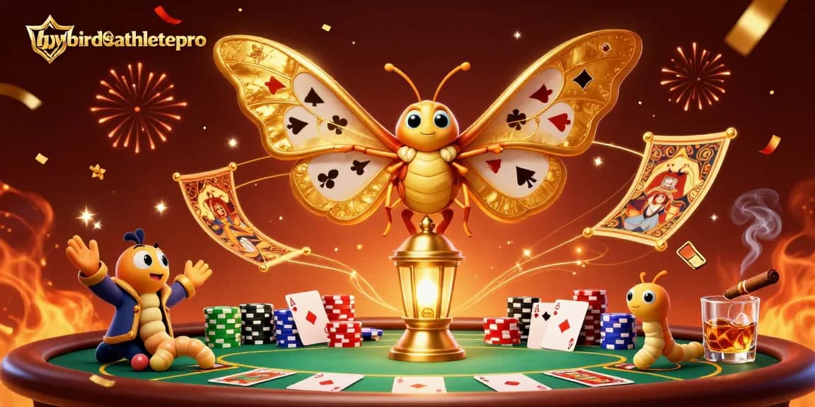 Playing cards and chips surround the hybridathletepro moth in a dynamic casino scene.