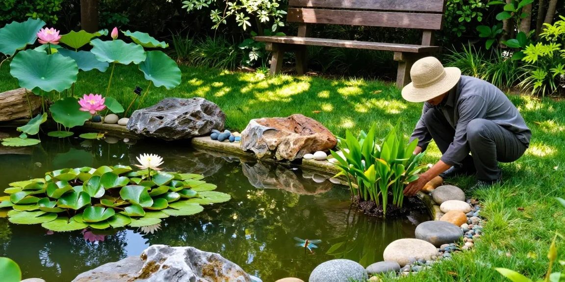 Pond Plants flourishing in a tranquil backyard pond garden scene during planting.