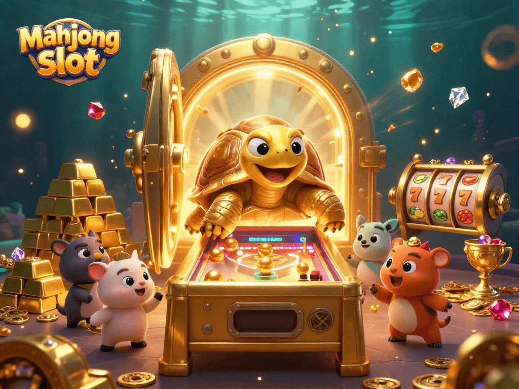 Permainan mahjong slot yang menampilkan karakter kura-kura emas dan elemen kasino menarik.