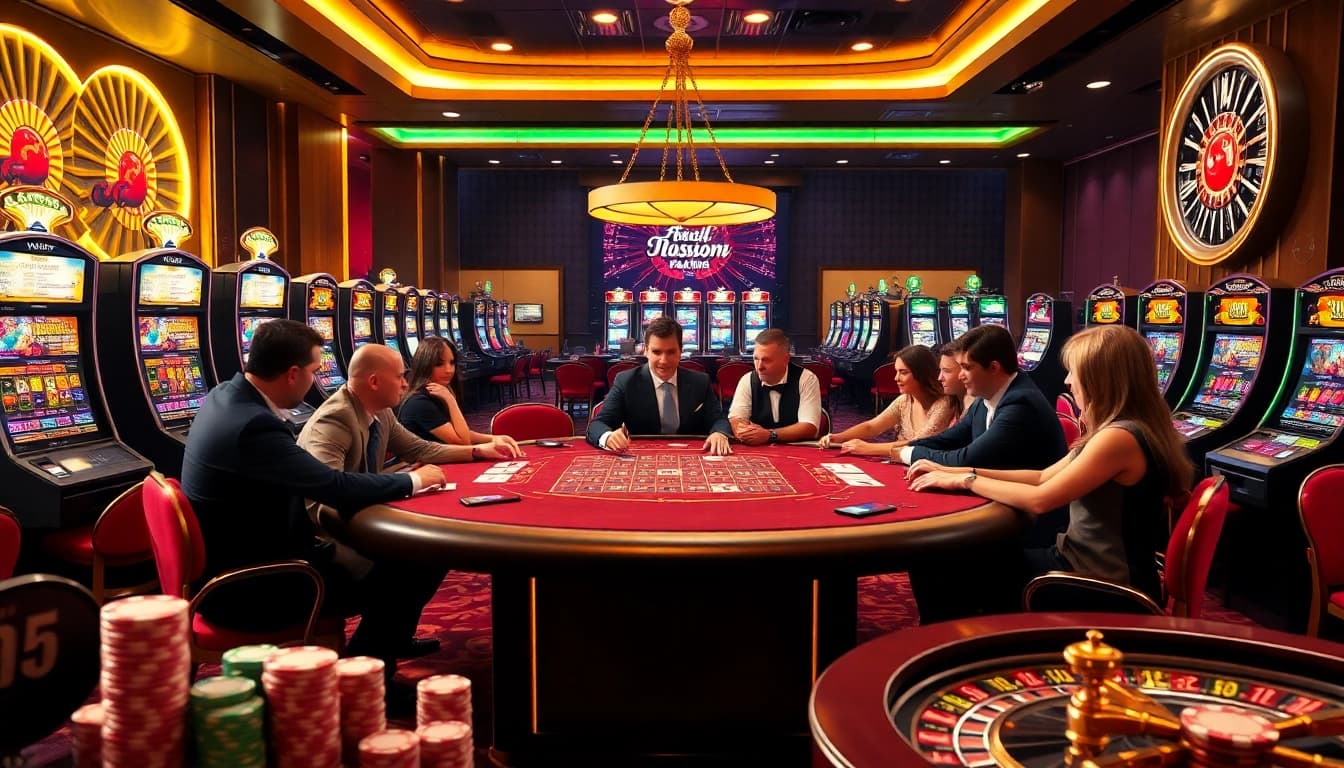 Gameplay passionnant dans un casino en ligne argent réel France avec des tables de poker et des roues de roulette.