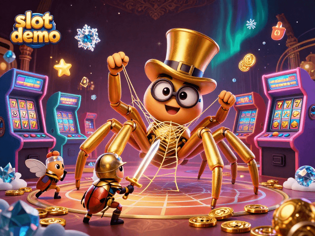 Jelajahi slot demo dengan tarantula emas dan kesatria beetle berani, semua di tengah kasino yang megah.