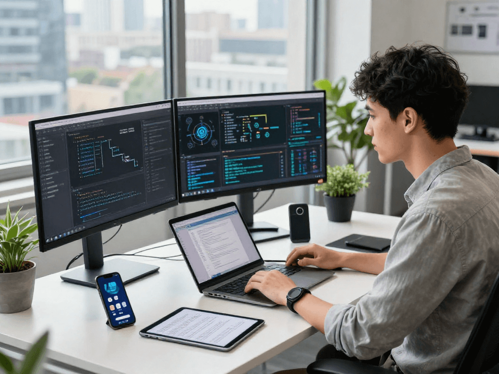 Developer focused on AI algorithms in a modern workspace, showcasing the theme 'crush on ai'.
