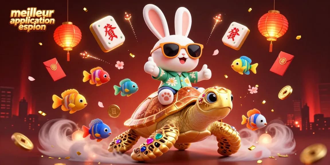 Visualisez la meilleure application espion : un charmant lapin avec des lunettes de soleil et une tortue dorée dans un monde de gains.