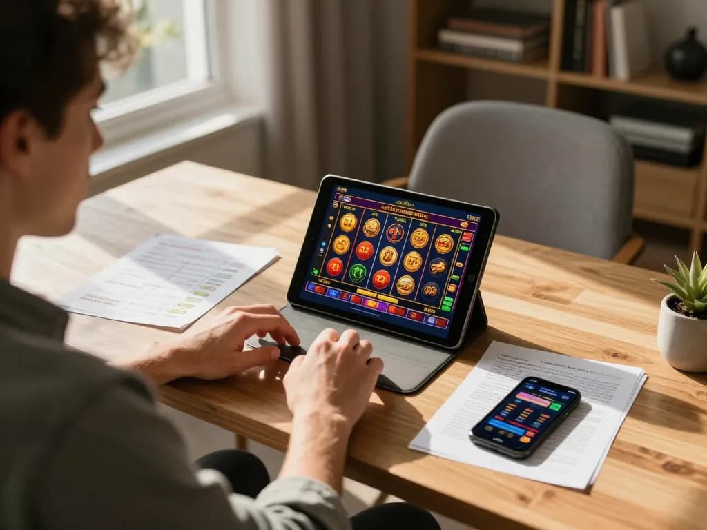 Casinò online europei gameplay on tablet in stylish home office setup, showcasing focus on online gaming.