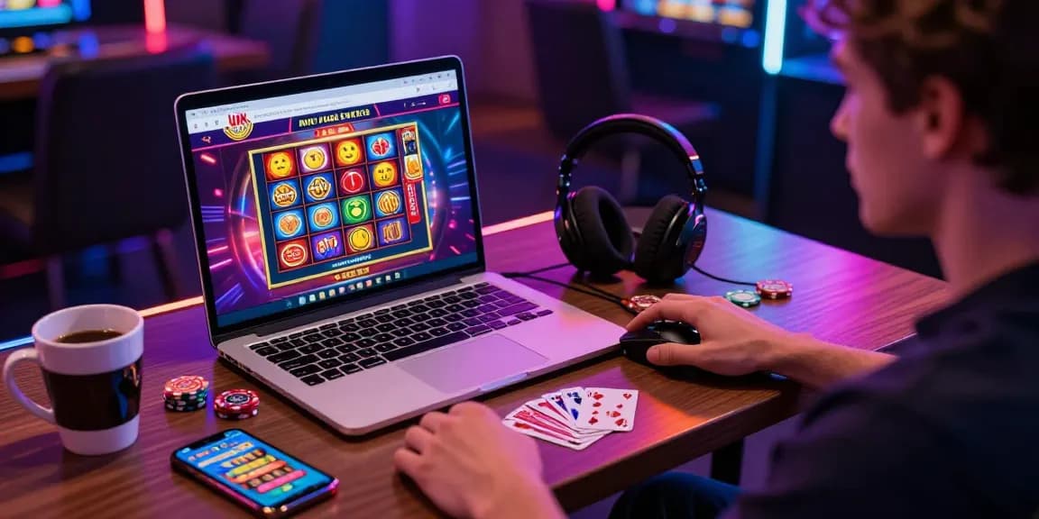 Player engaging with non UK casinos online at a vibrant gaming setup featuring popular games and accessories.