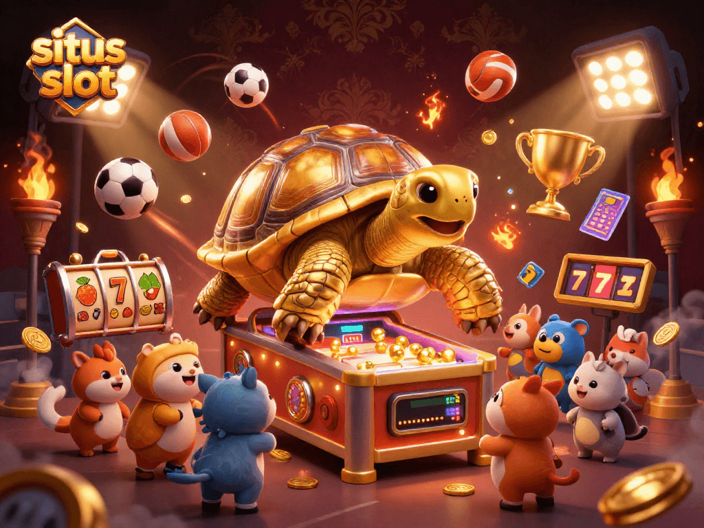 Experience the excitement of situs slot with a golden tortoise pinball machine surrounded by playful animals and vibrant game elements.