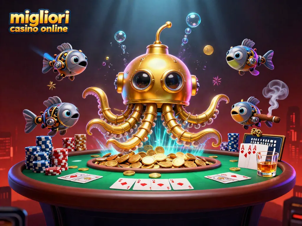 Migliori casino online con offerte incredibili sui tavoli da gioco, il kraken e pesci meccanici circondati da fiches e carte da poker.