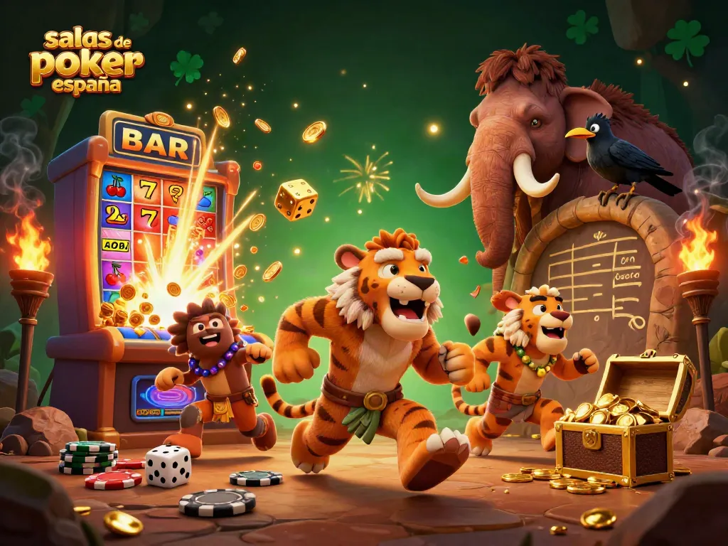 Disfruta de las salas de póker online en España con personajes en un casino prehistórico lleno de emoción.