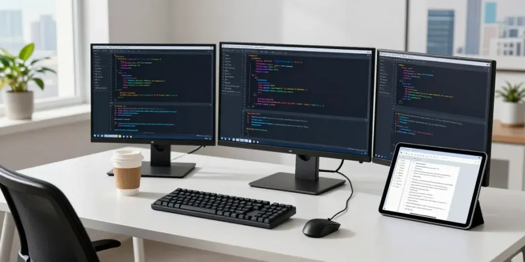 Developer using Notepad++ in a bright workspace with multiple monitors.