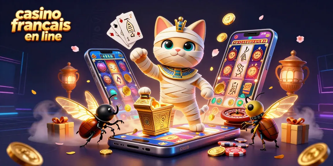 Jouez au casino français en ligne avec un chat égyptien momie et un scarabée dans un casino pyramide.