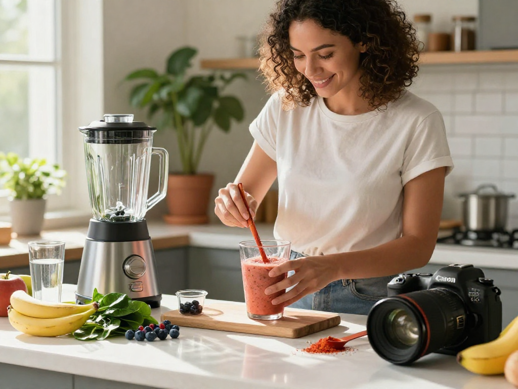 Bright kitchen scene with woman blending a vegan astaxanthin smoothie surrounded by fresh fruits and plants.