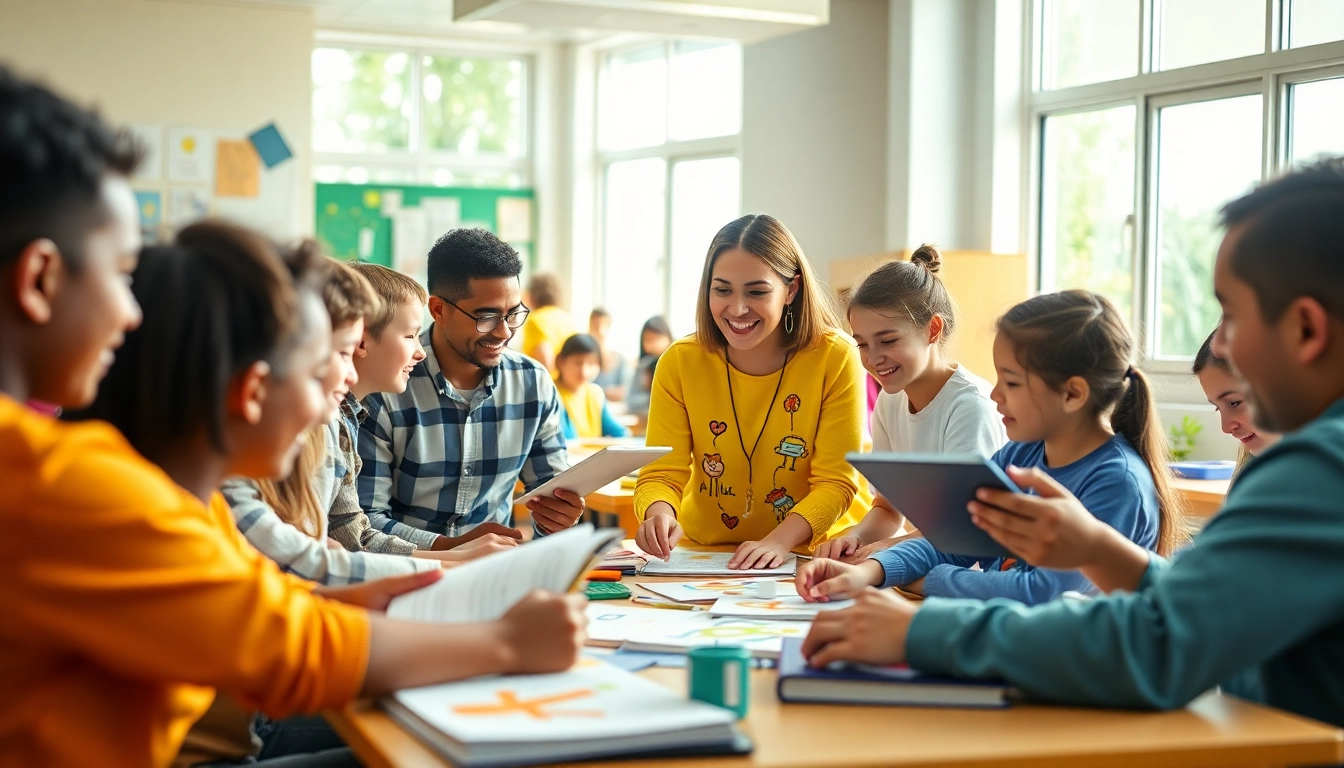 Students engaging in collaborative learning activities in a bright, welcoming classroom for education.