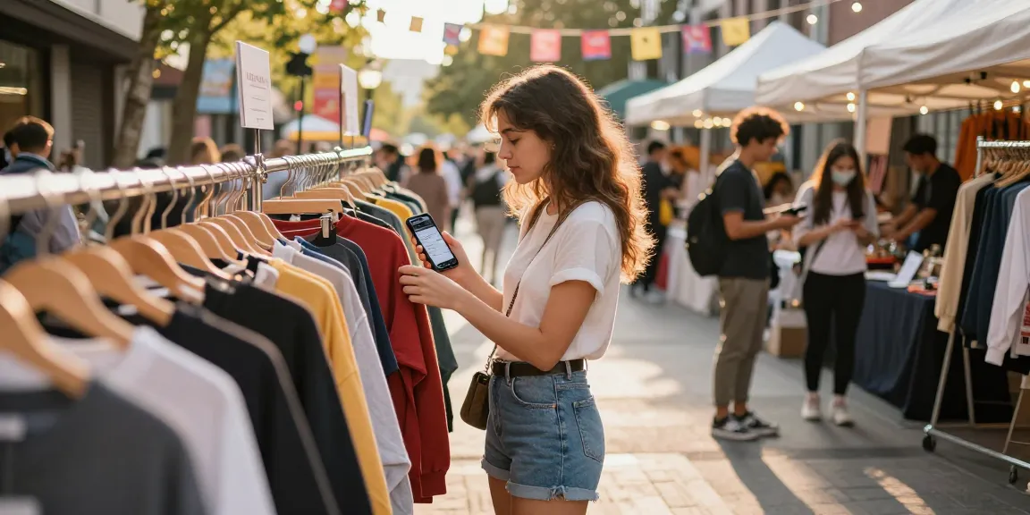 Young woman exploring e-commerce fashion styles at a market stall, https://shs-dome5.com/ features vibrant apparel.