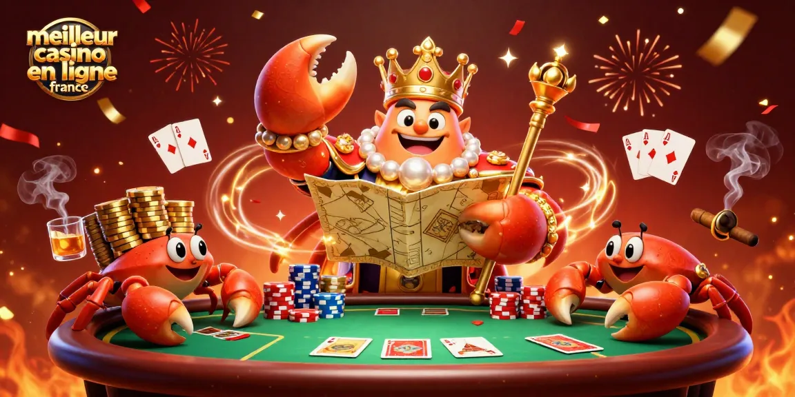 Plongez dans l'univers du meilleur casino en ligne en France avec une illustration 3D captivante d'un crabe empereur et ses serviteurs.
