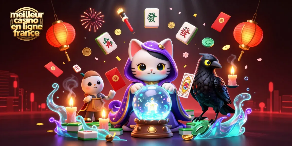 Illustration dynamique mettant en avant le meilleur casino en ligne France avec des personnages mystiques entourés d'éléments de jeu.