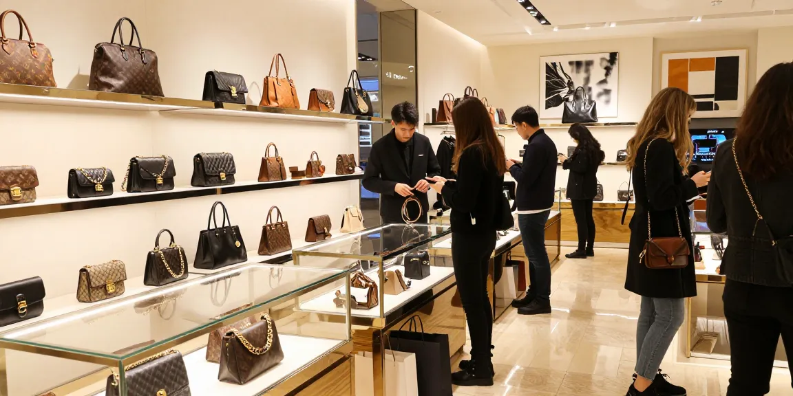 Luxury replica fashion shopping scene showcasing 명품 레플리카 in a stylish boutique.