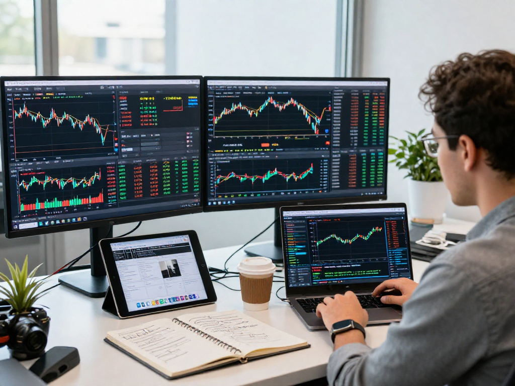使用MetaTrader 5的交易者在现代办公室分析市场数据，积极的交易氛围