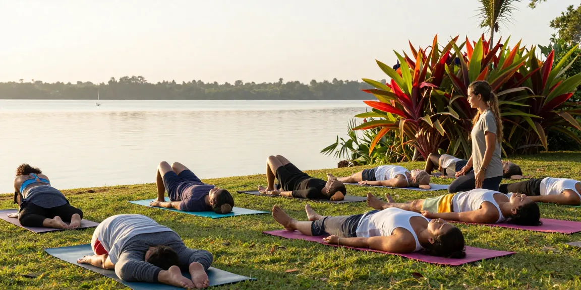 Group practicing yoga teacher trainings sri lanka at Koggala Lake.