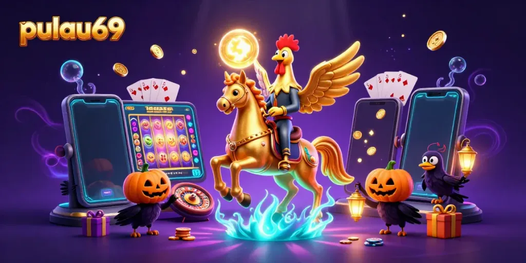 Join the pulau69 gaming adventure in a vibrant casino scene with a golden rooster and rich visuals.