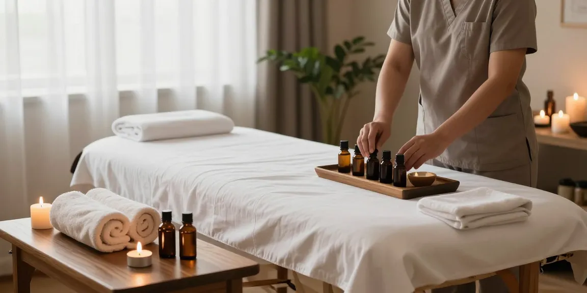 Massage therapy room with soothing ambiance, essential oils, and warm light.