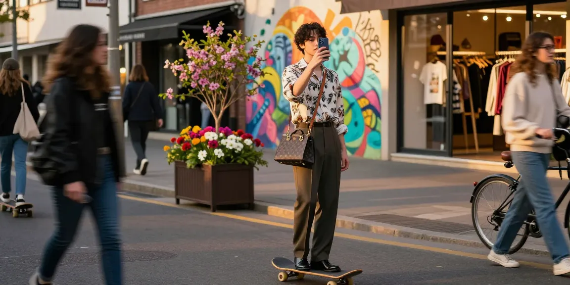 Chic influencer showcasing a 레플리카 handbag in a vibrant urban scene.